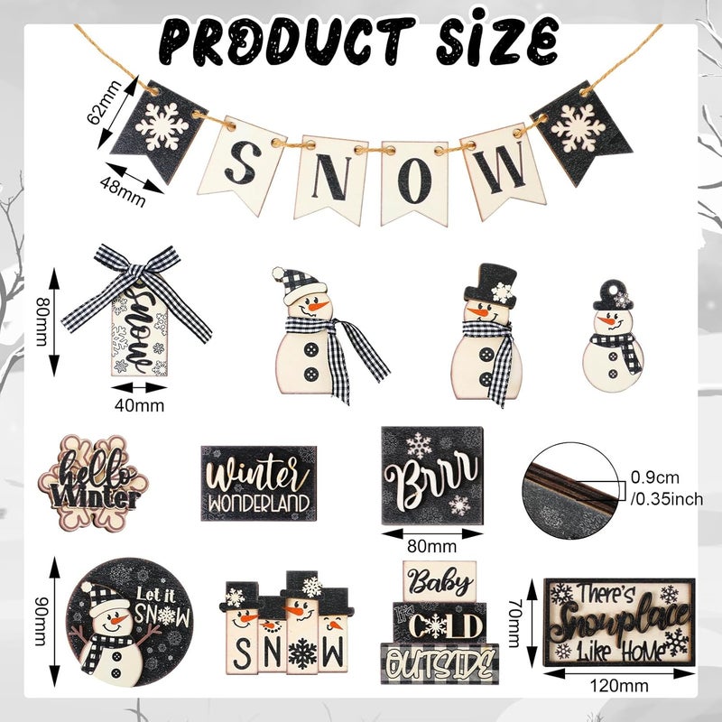 Funnymoom 24 Pcs Winter Tiered Tray Decor Set Winter Tiered Decorations Snowman Wooden Signs Snowflakes Table Centerpieces Without Tray Black White Farmhouse Frosty Snow Themed for Home Table - Image 2